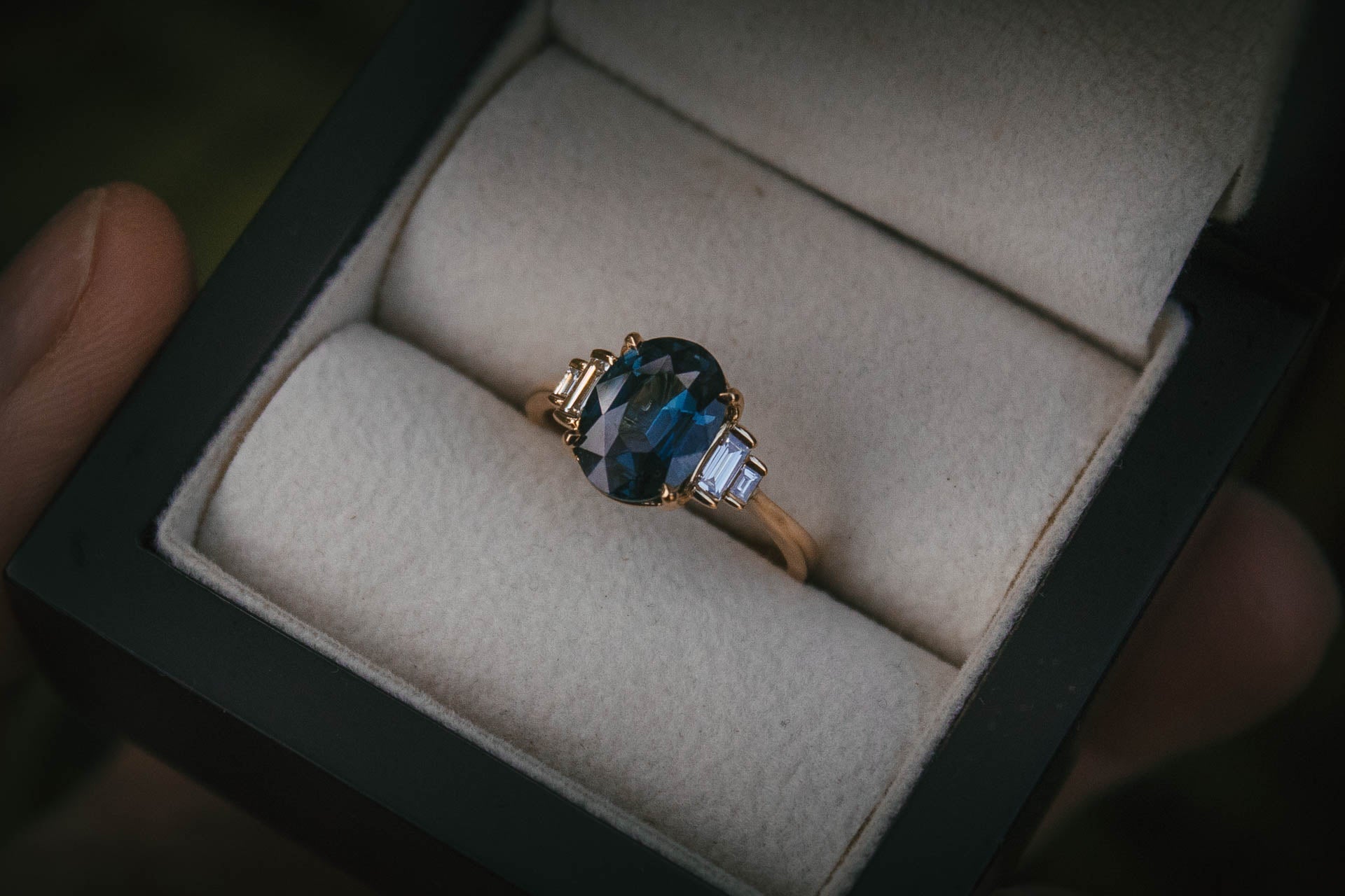 Moira Patience Bespoke Teal Sapphire & Diamond Art Deco Engagement Ring