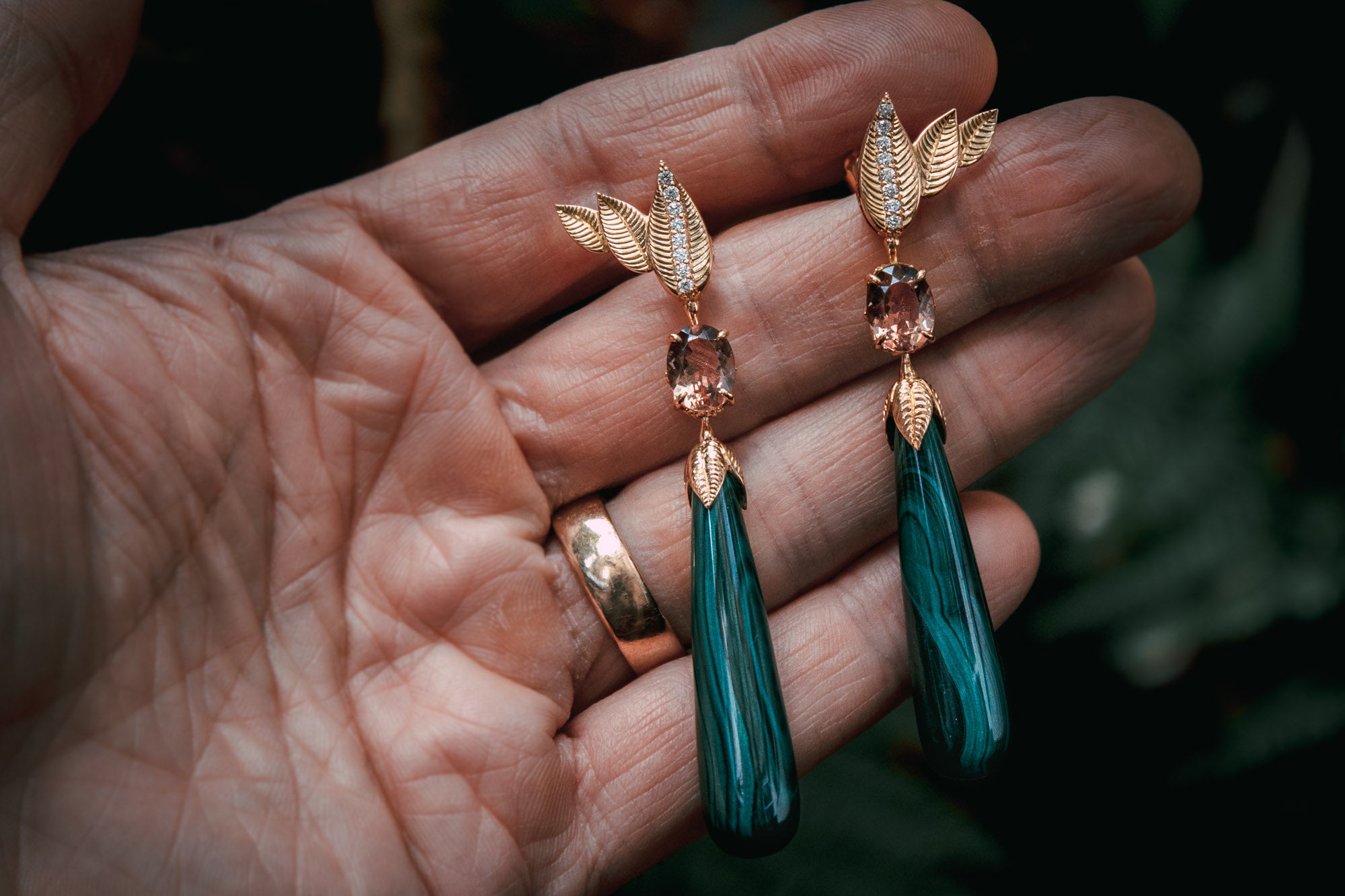 Bespoke Oregon Sunstone, Diamond and Malachite Drop Earrings