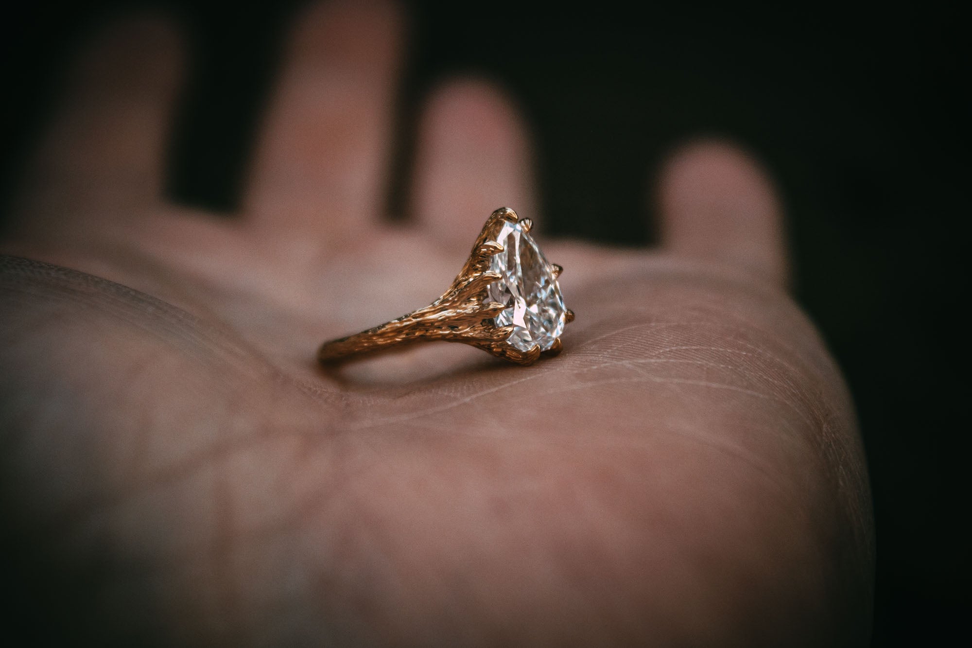 Moira Patience Bespoke organic pear shaped diamond ring