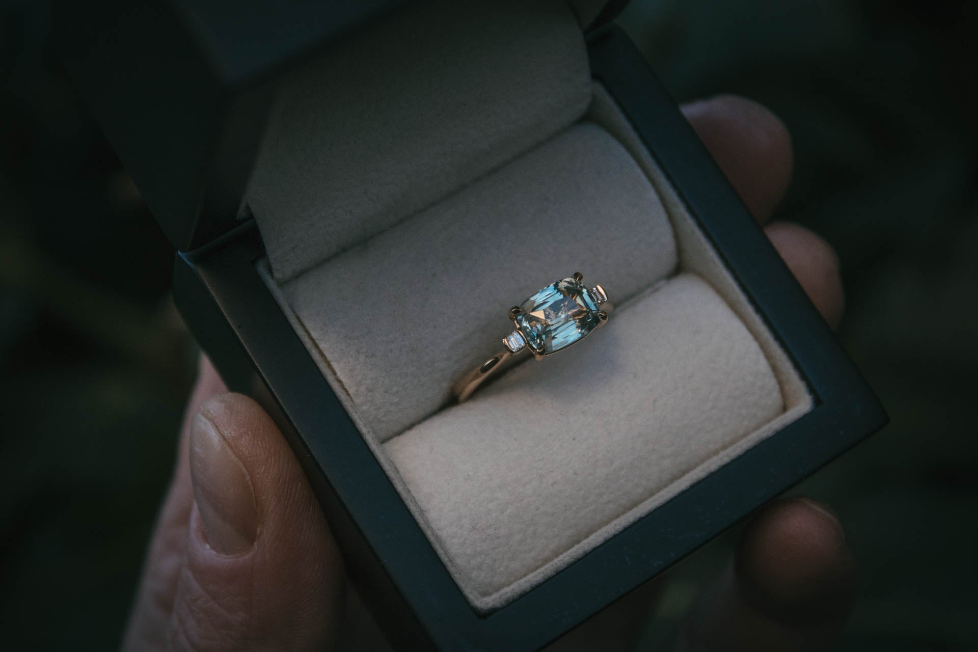 Bespoke pale tel sapphire and diamond engagement ring
