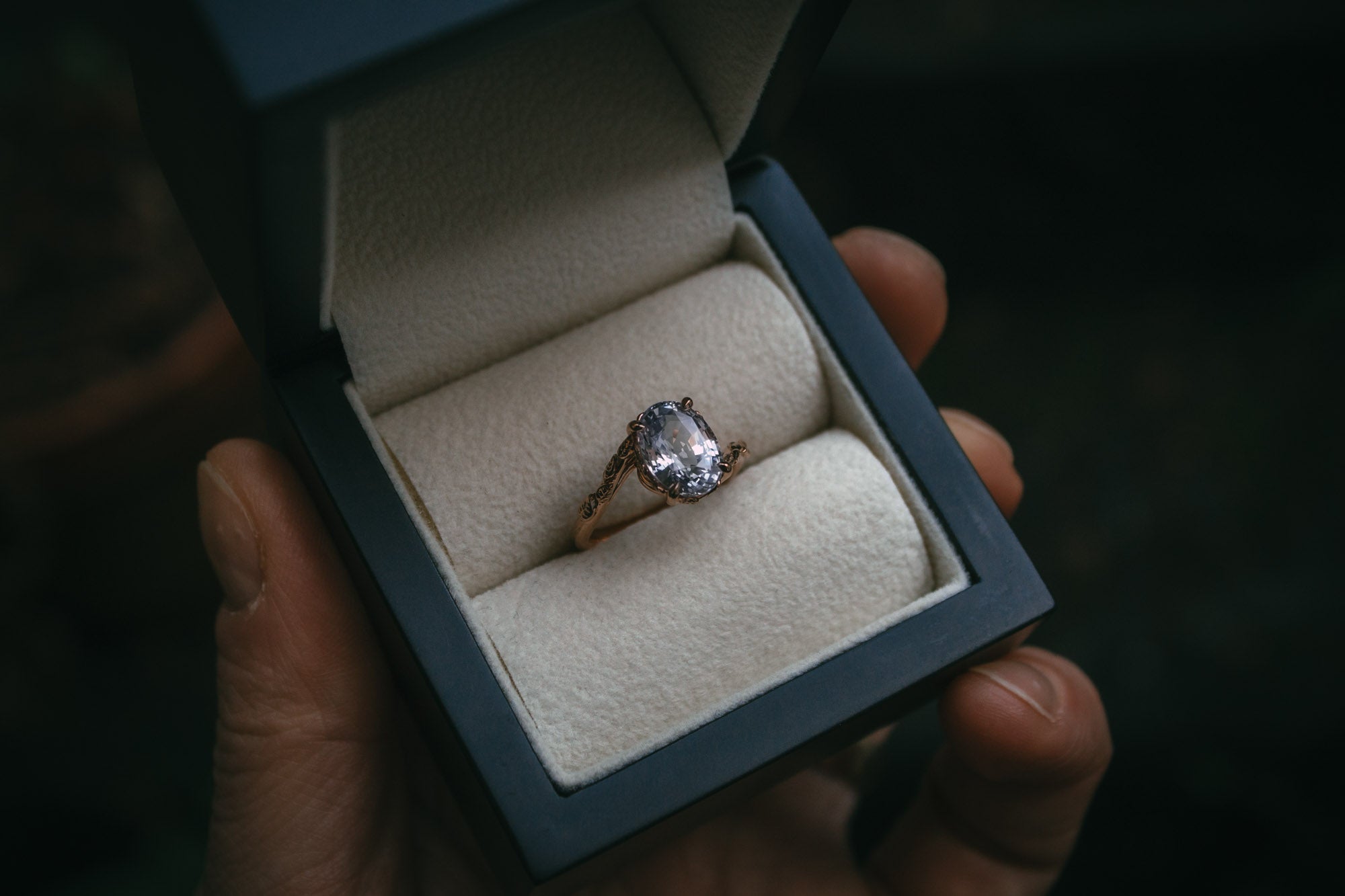 Bespoke violet sapphire engraved rose gold ring