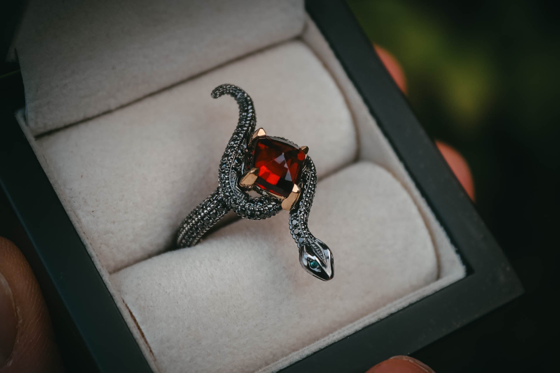 Moira Patience Bespoke Red Garnet and Black Diamond Alternative Engagement Ring Edinburgh