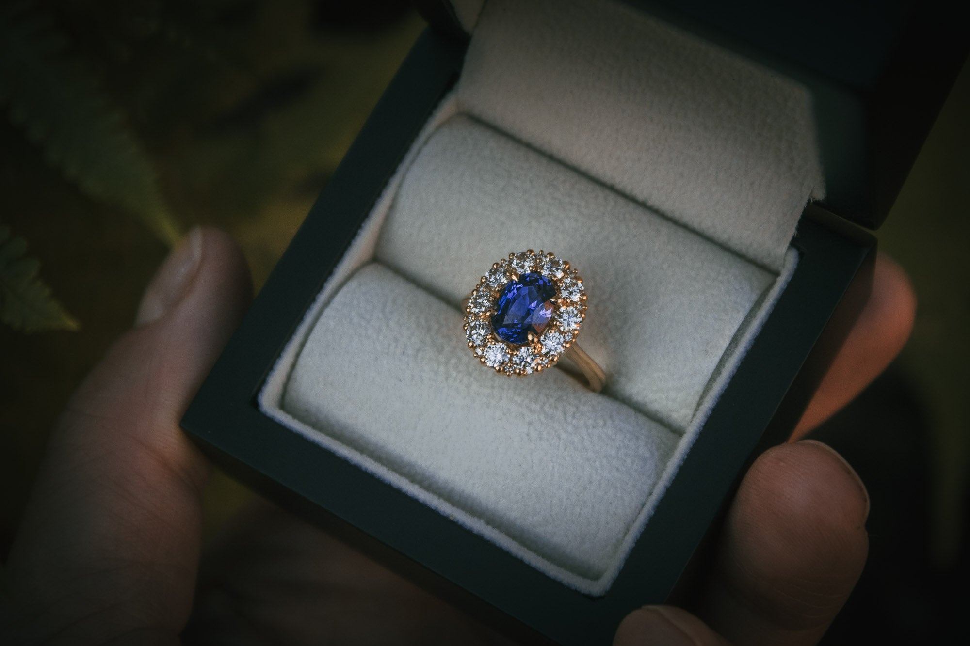 Bespoke blue sapphire and diamond engagement ring