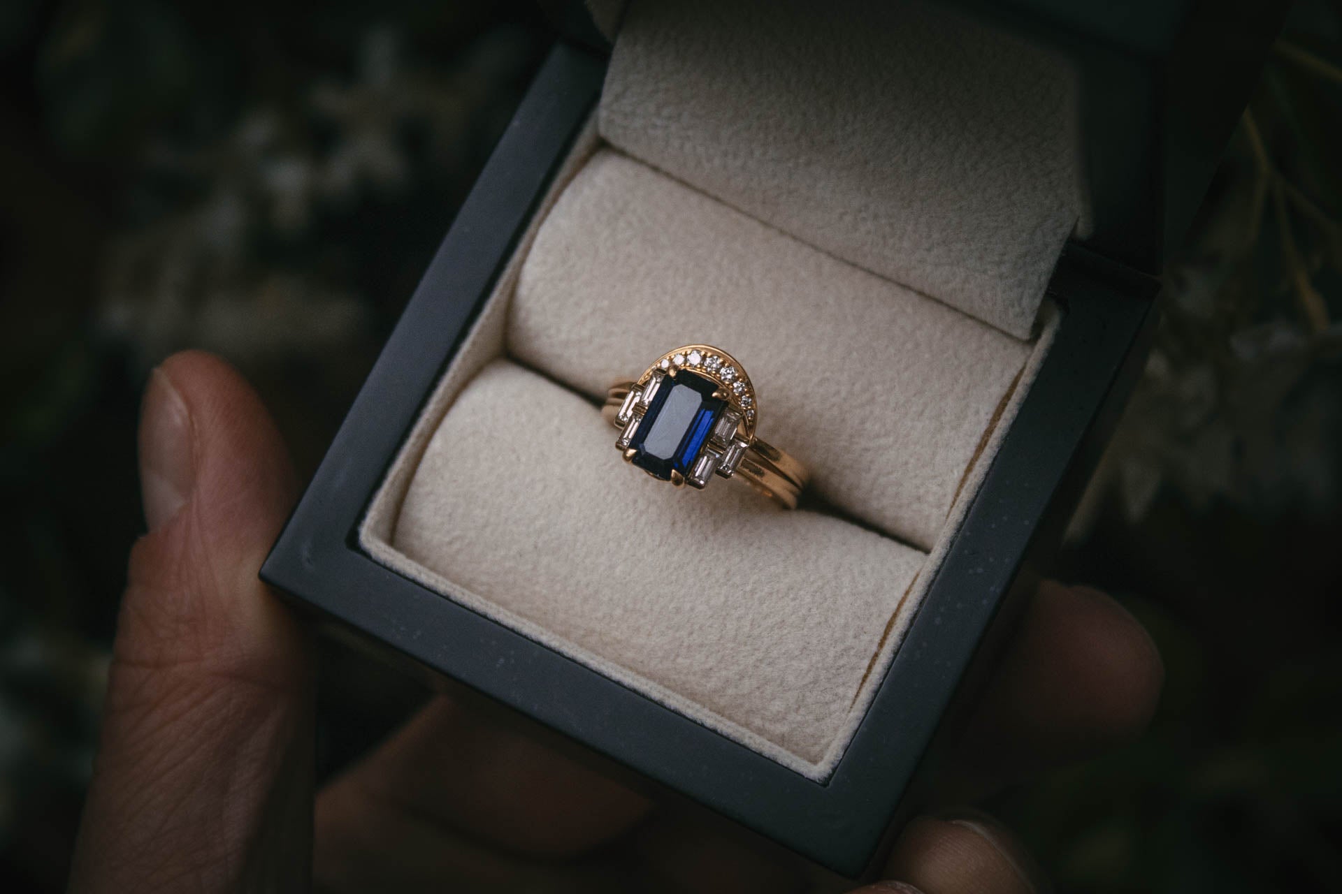 Moira Patience Bespoke Sapphire and Diamond Crescent Moon Engagement and wedding ring stack