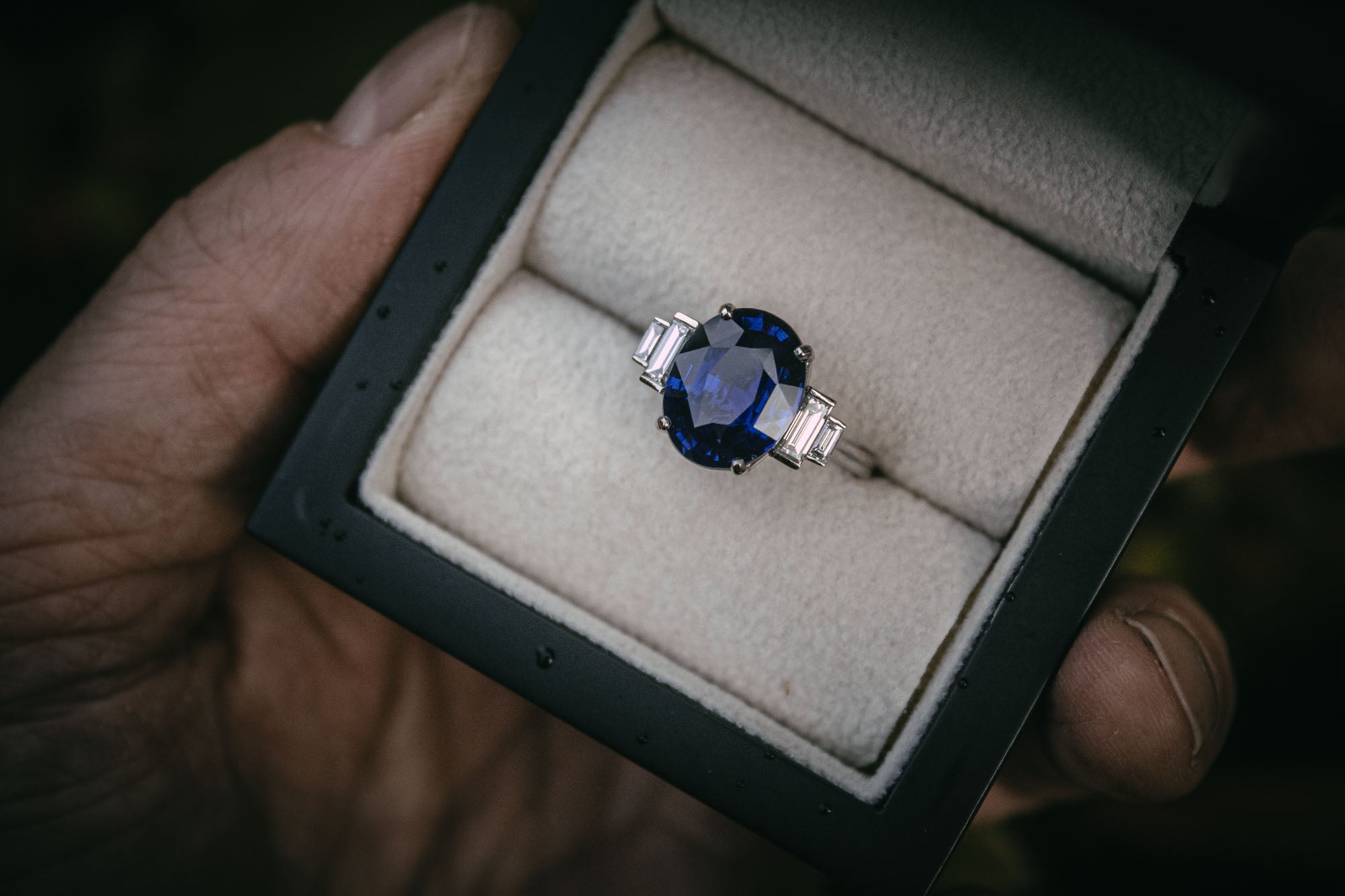 Bespoke cornflower blue sapphire and diamond engagement ring