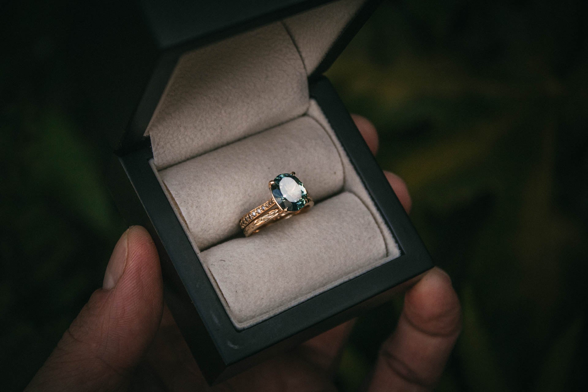 Bespoke Teal Sapphire and Champagne Diamond Engagement Ring