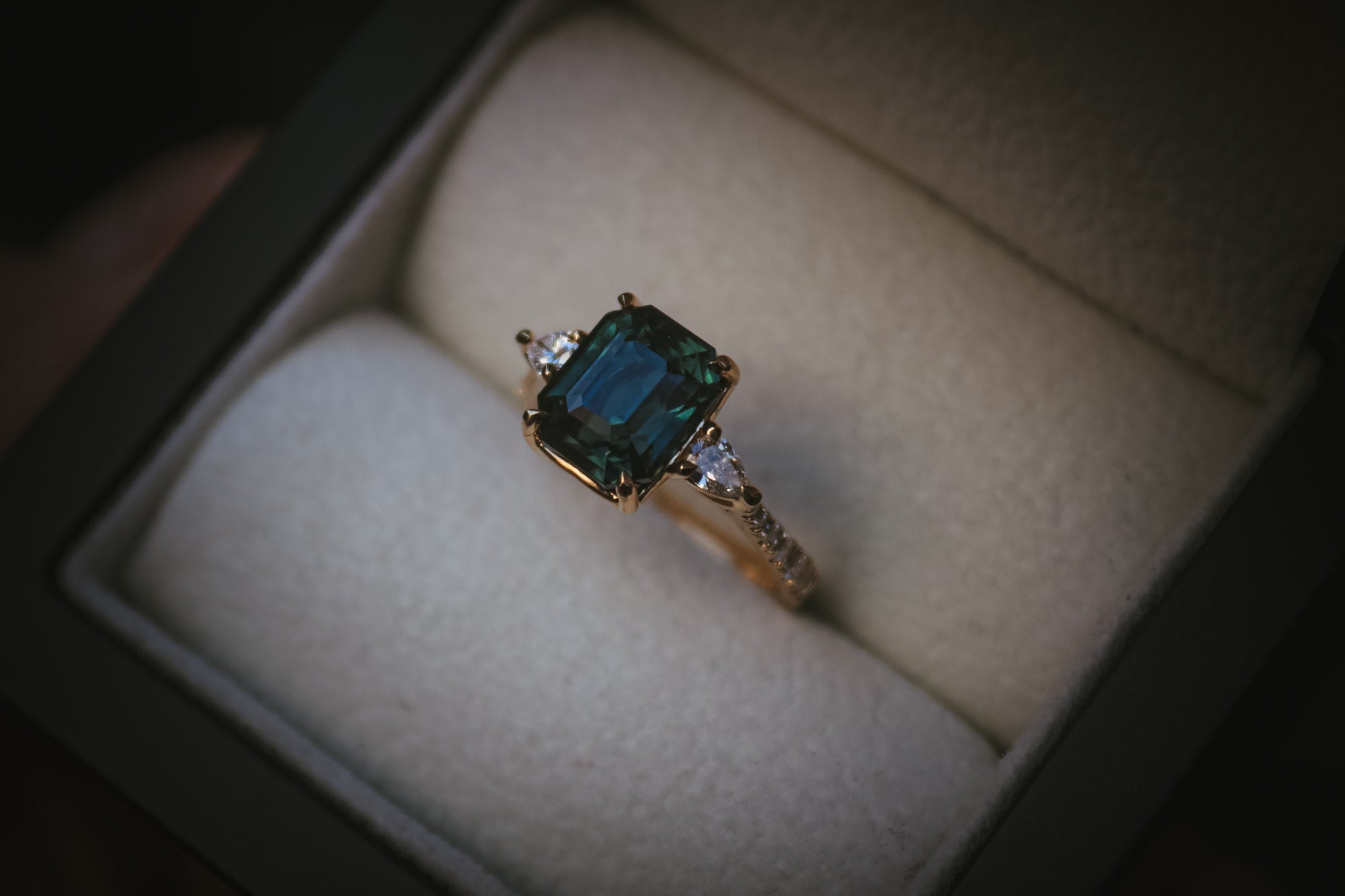 Teal Sapphire and Diamond Engagement ring in box