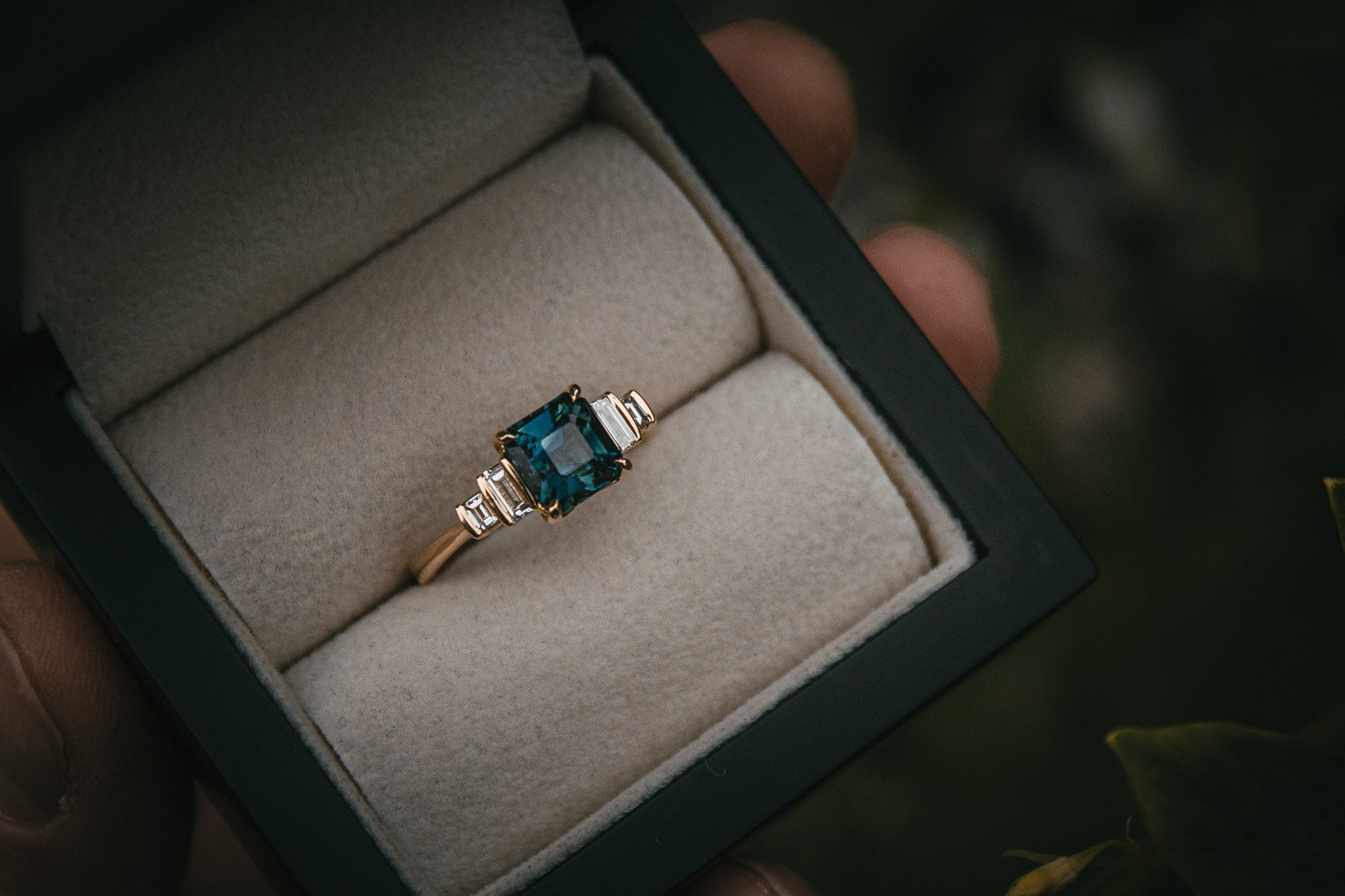 Bespoke Octagon Teal Sapphire and Diamond Engagement Ring