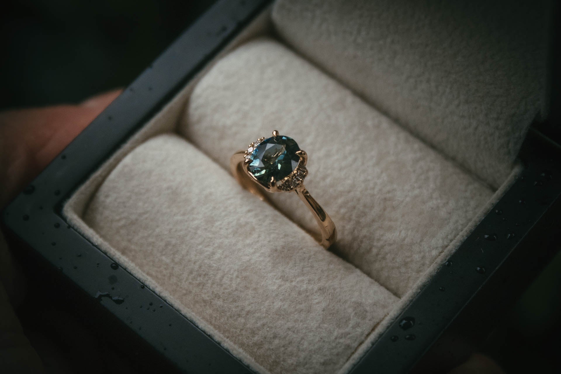 Bespoke Teal Sapphire and Diamond Engagement Ring
