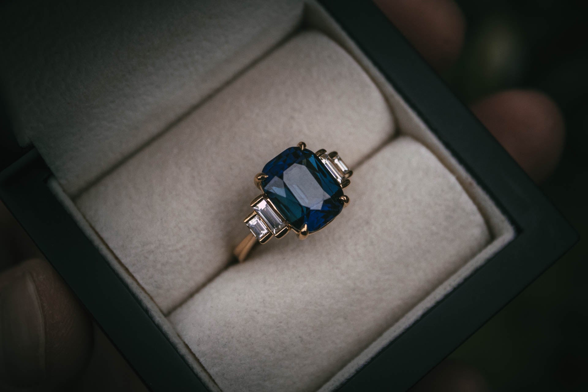 Moira Patience Bespoke Teal Sapphire and Diamond Engagement Ring Edinburgh
