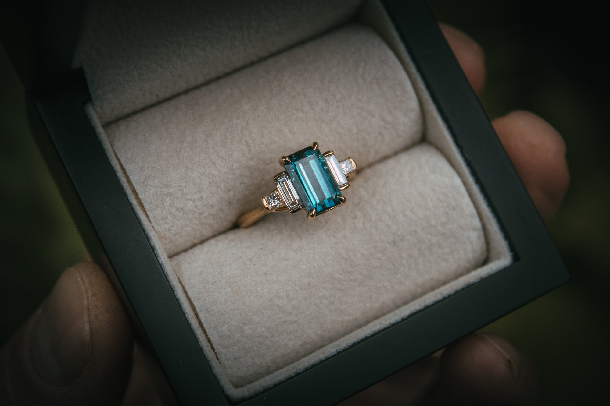Bespoke Teal Tourmaline and Diamond engagement ring