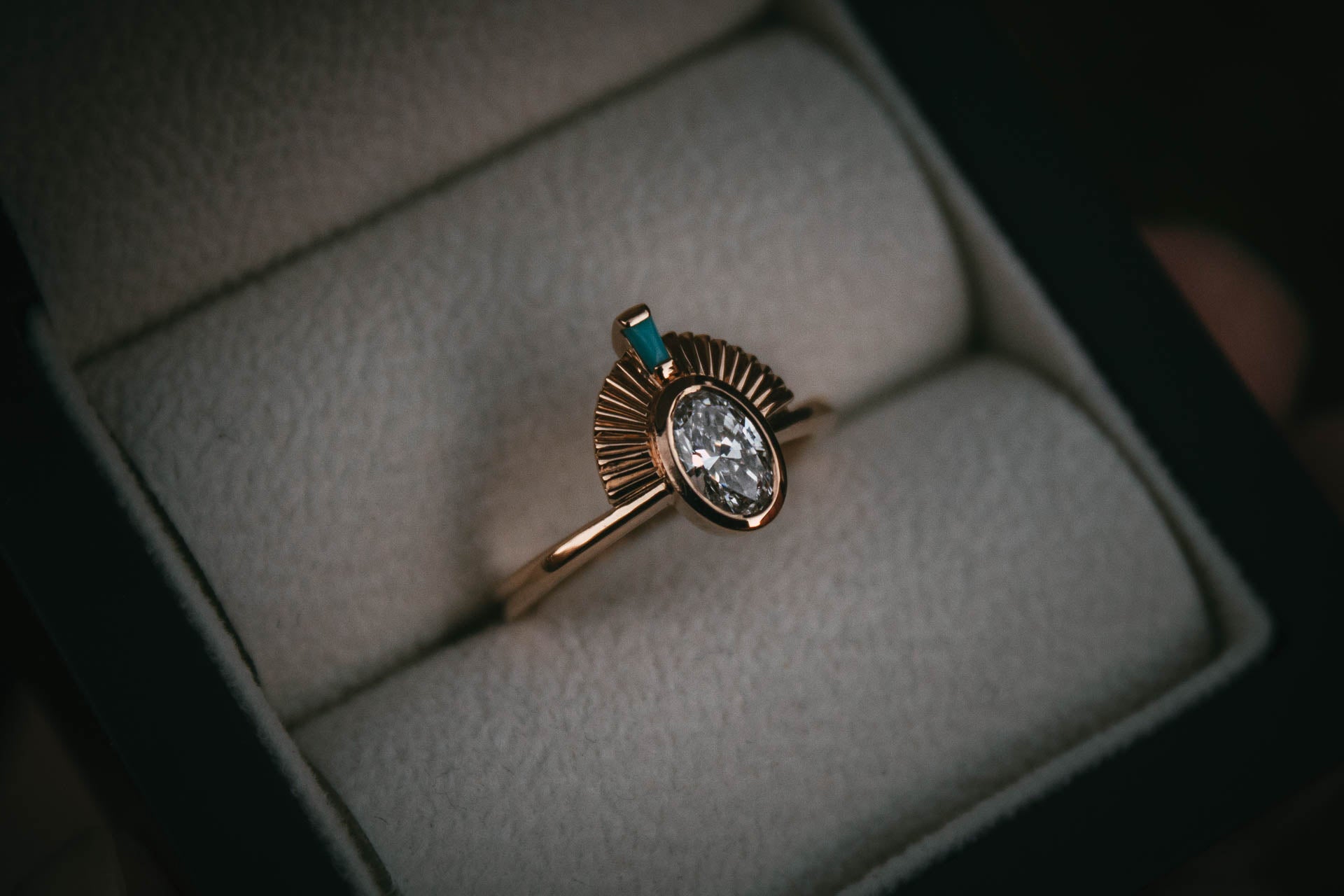 Moira Patience Fine Jewellery Bespoke Oval Canadian Diamond and Turquoise Engagement Ring