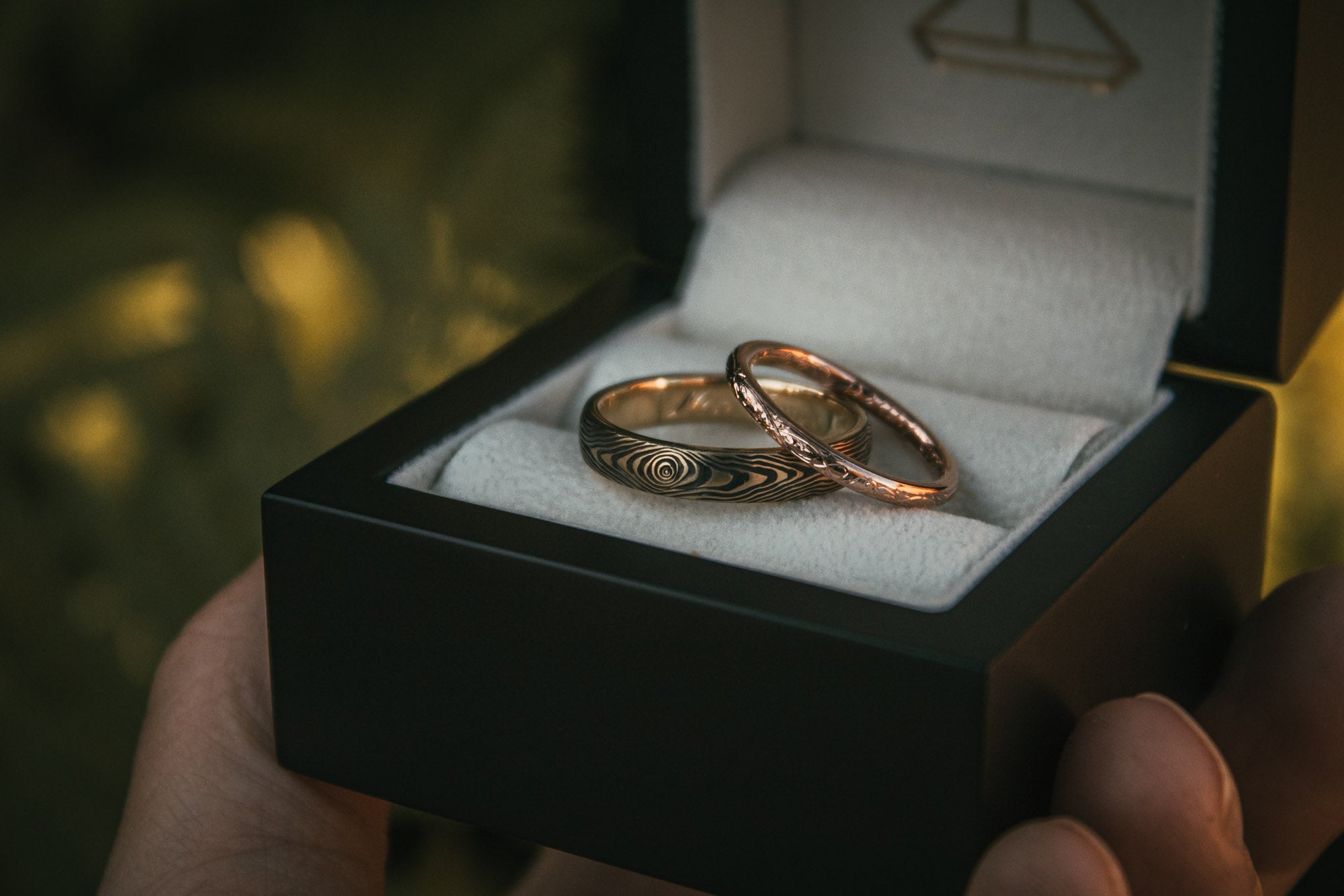 Bespoke Wood and Floral Engraved Wedding Rings