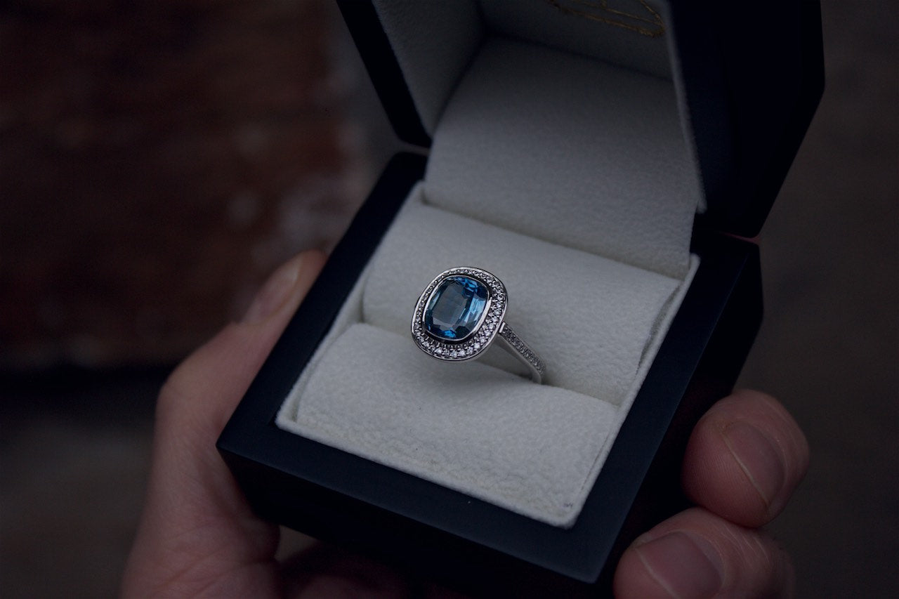Moira Patience Fine Jewellery Edinburgh Bespoke Sapphire and Diamond Halo Engagement Ring