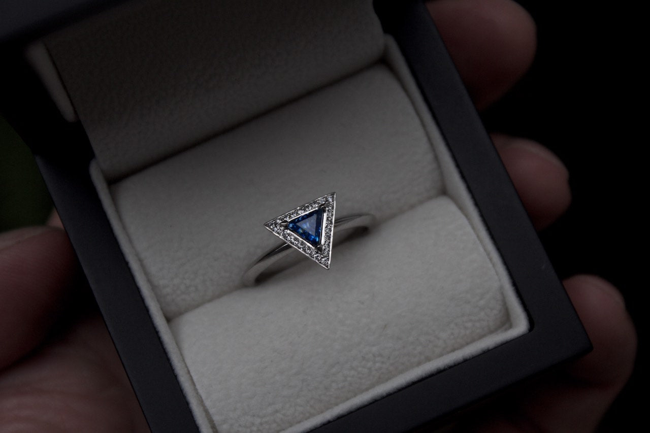 Moira Patience Fine Jewellery Edinburgh Bespoke Triangular Platinum Sapphire and Diamond Engagement Ring