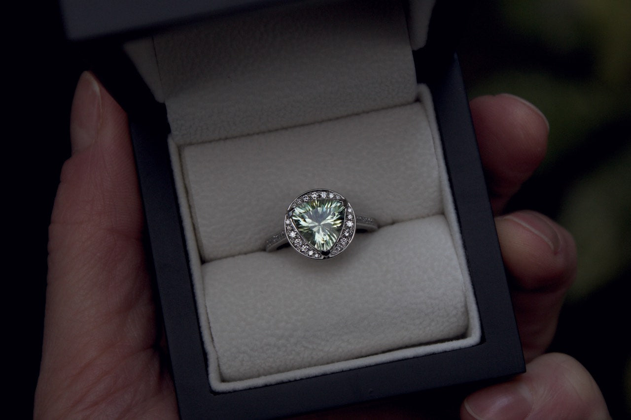 Patience Jewellery Bespoke Green Amethyst Diamond Engagement Ring