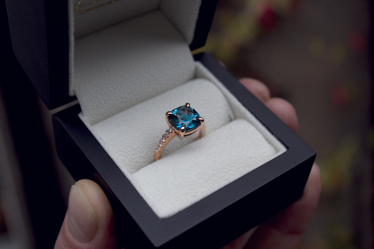 Patience Jewellery Bespoke Rose Gold London Blue Topaz Engagement Ring Edinburgh