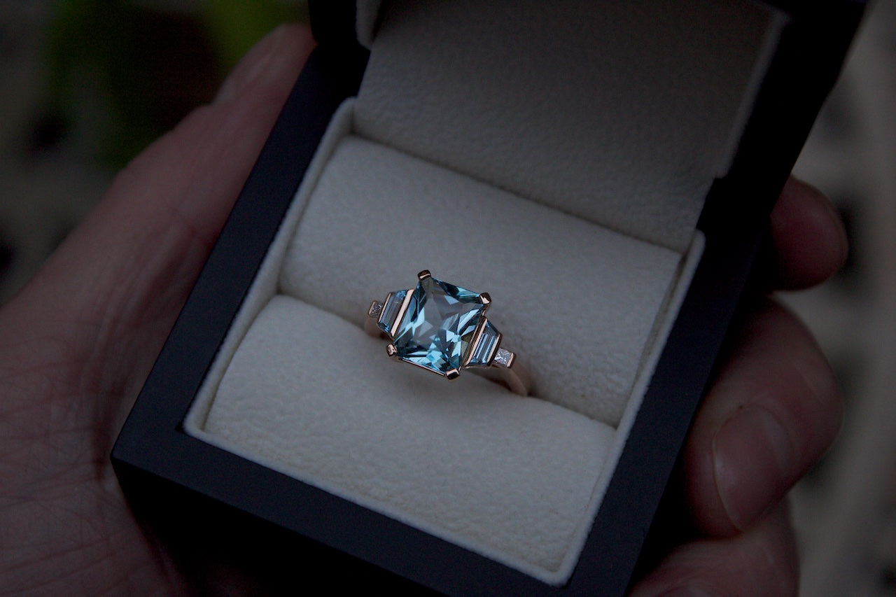 Patience Jewellery Bespoke Rose Gold and Aquamarine Diamond Engagement Ring