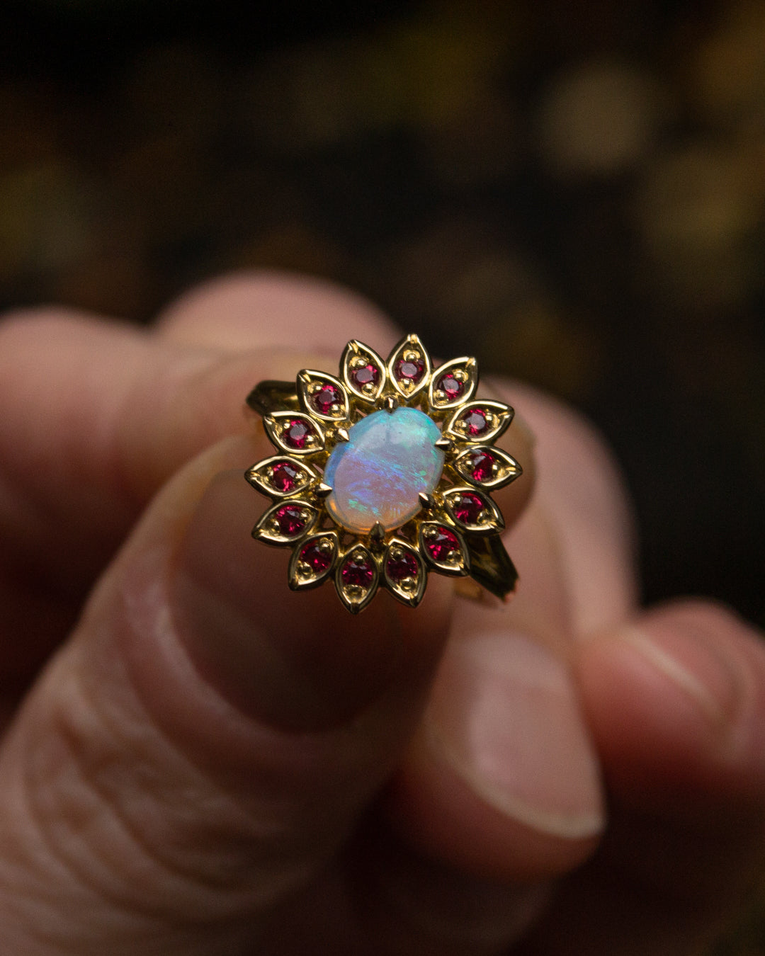 Moira Patience floral Spinel and opal engagement ring
