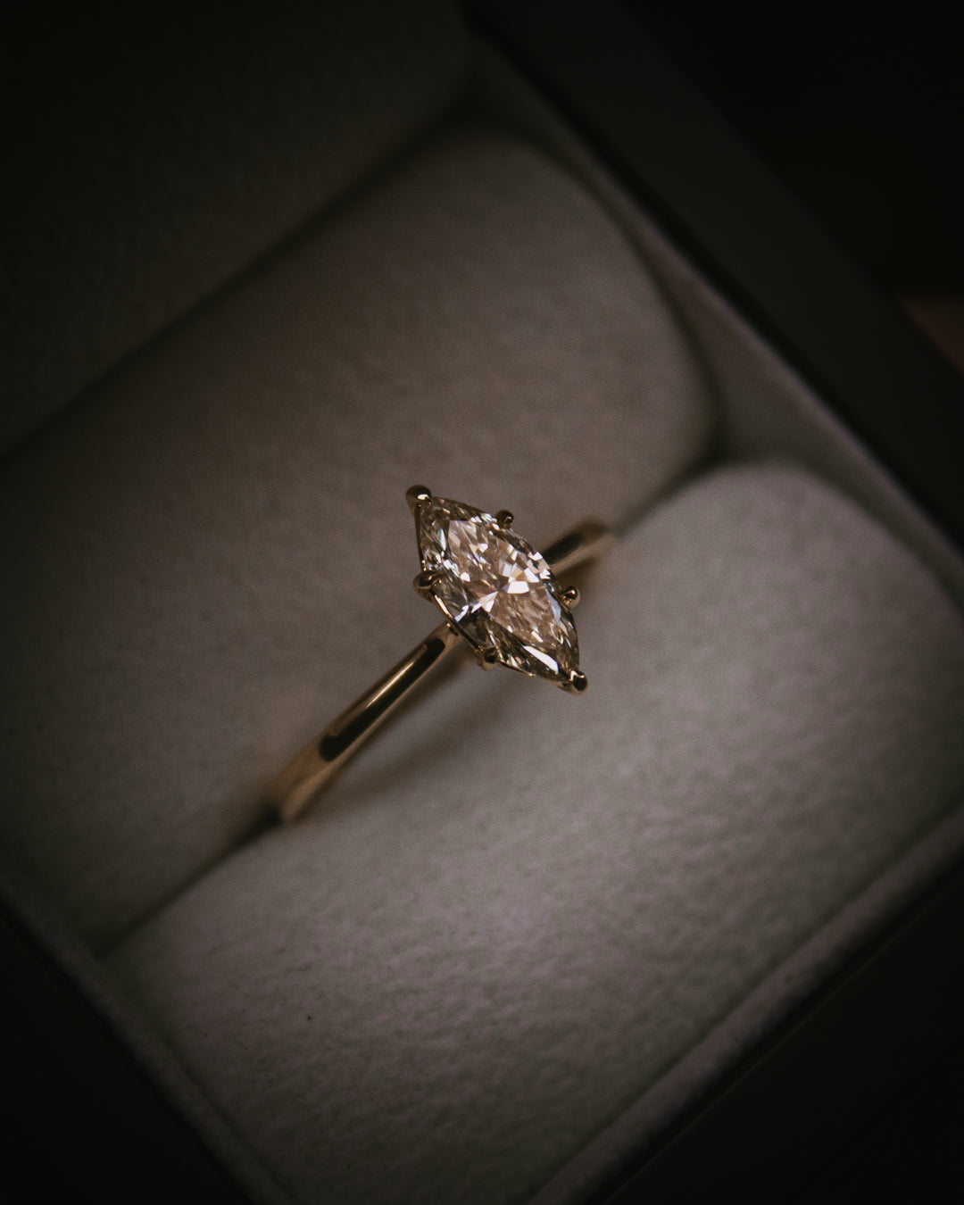 Uist marquise warm white natural diamond solitaire ring in 18ct yellow gold; in box