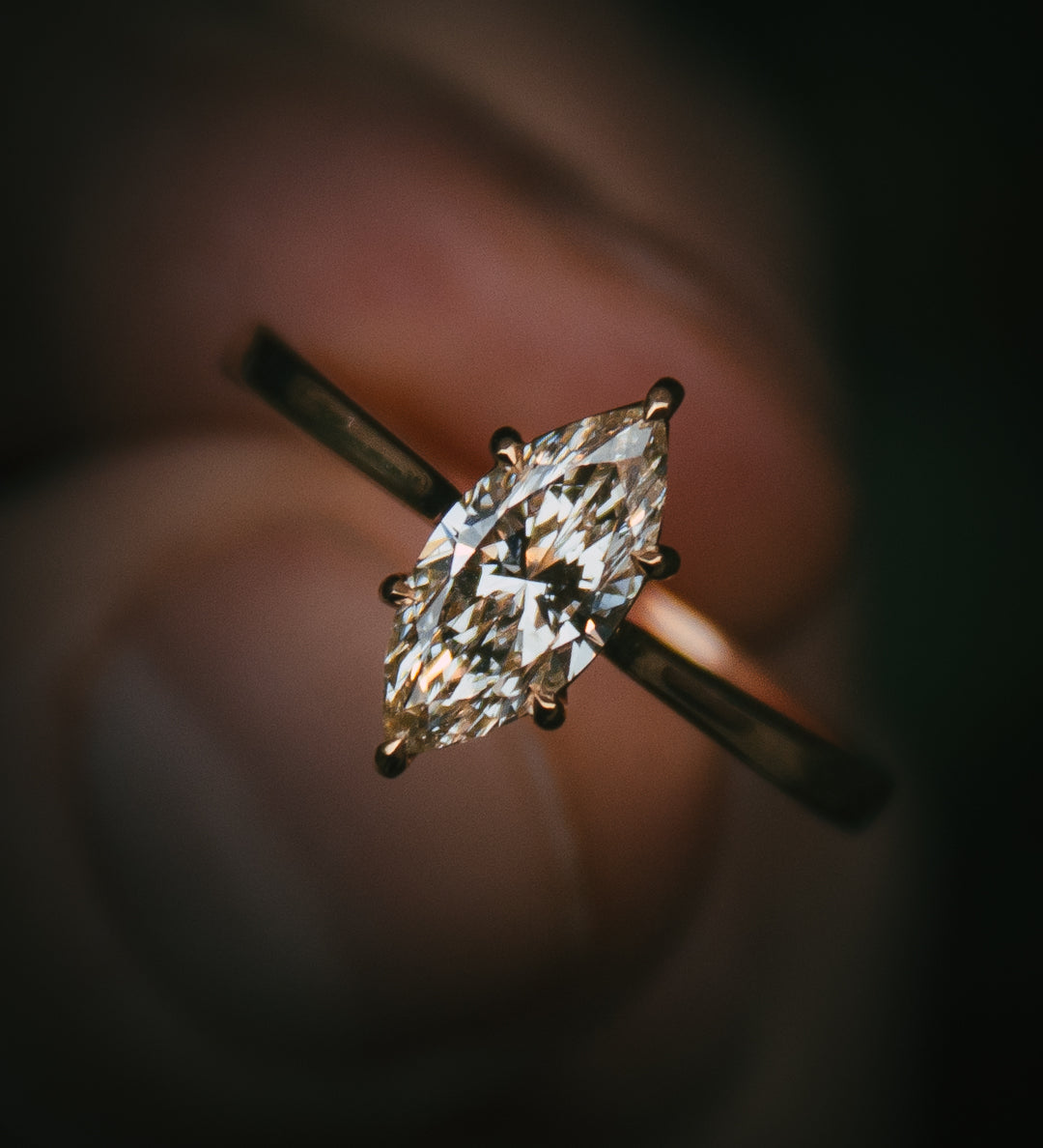 Uist marquise diamond solitaire ring in 18ct yellow gold; Arc six-claw setting