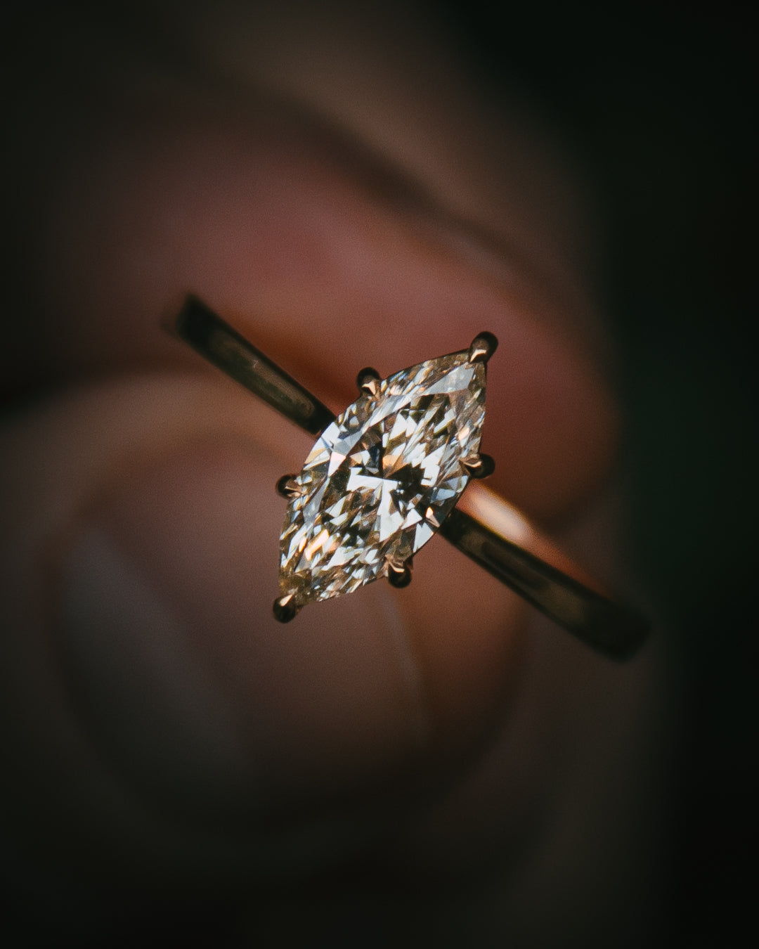 Uist marquise diamond solitaire ring in 18ct yellow gold; Arc six-claw setting