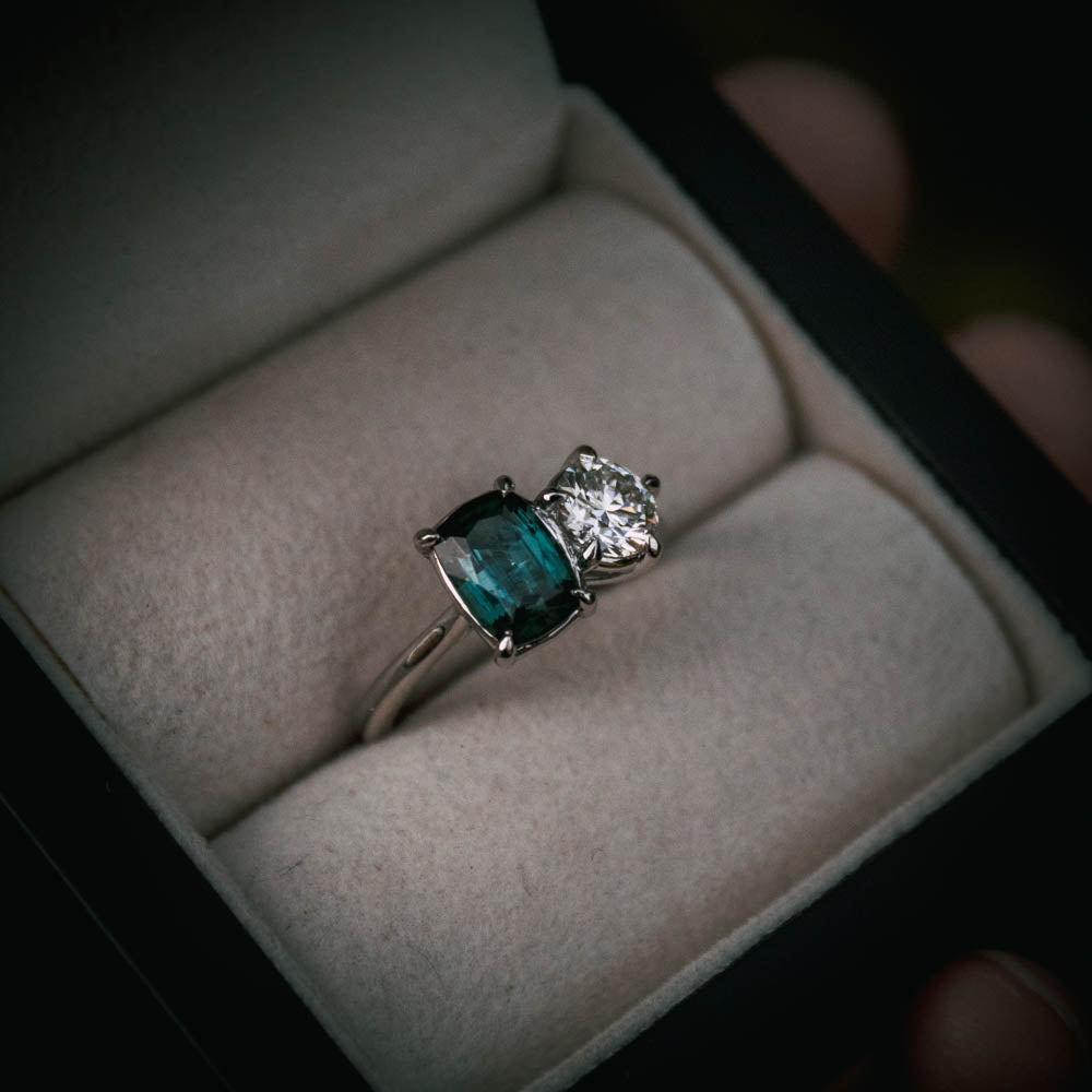 Moira Patience Fine Jewellery diamond and tourmaline toi et moi engagement ring in Edinburgh