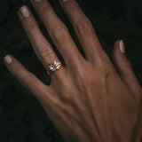 Fara ring set an asymmetric peach topaz engagement ring paired with a fitted diamond wedding ring by Moira Patience Fine Jewellery