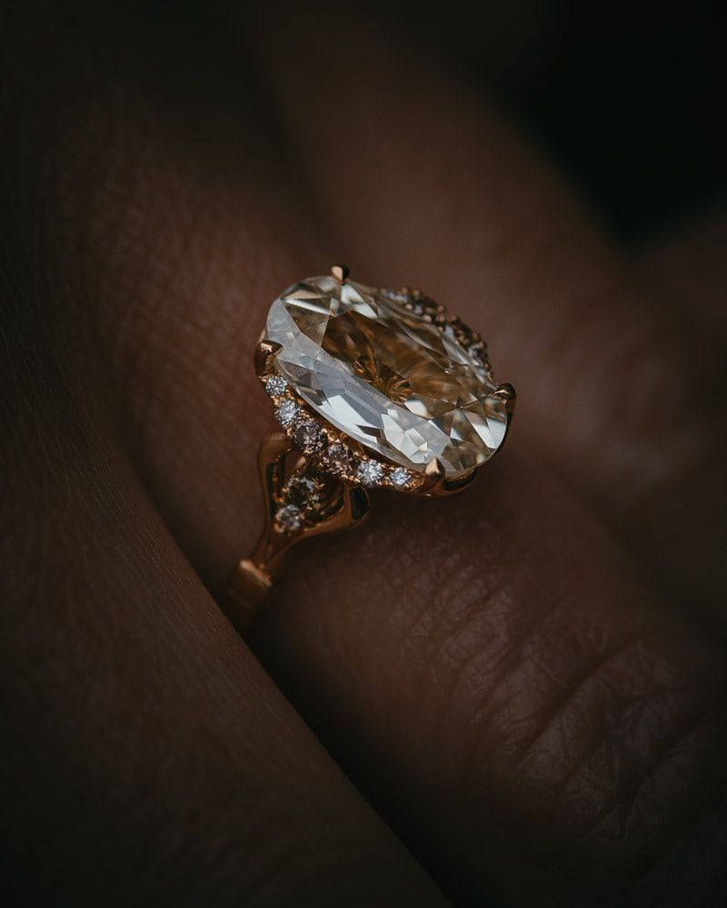 Scottish Fine jewellery by Moira Patience The Etive Ring featuring an oval old cut warm white diamond.