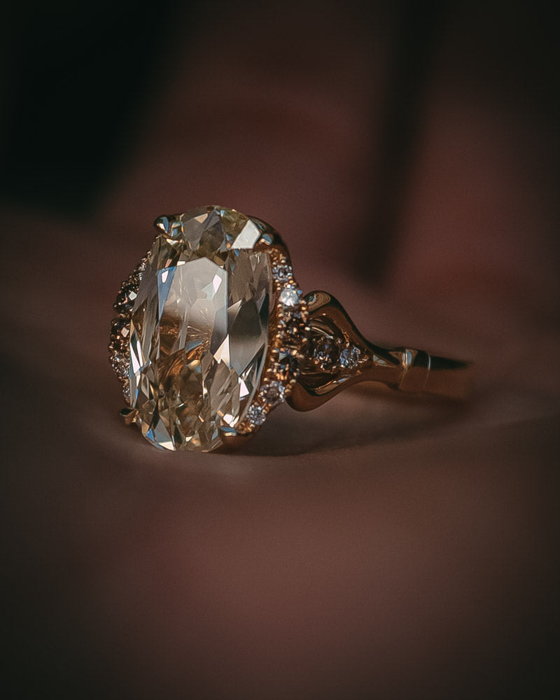 Scottish Fine jewellery by Moira Patience The Etive Ring featuring an oval old cut warm white diamond.