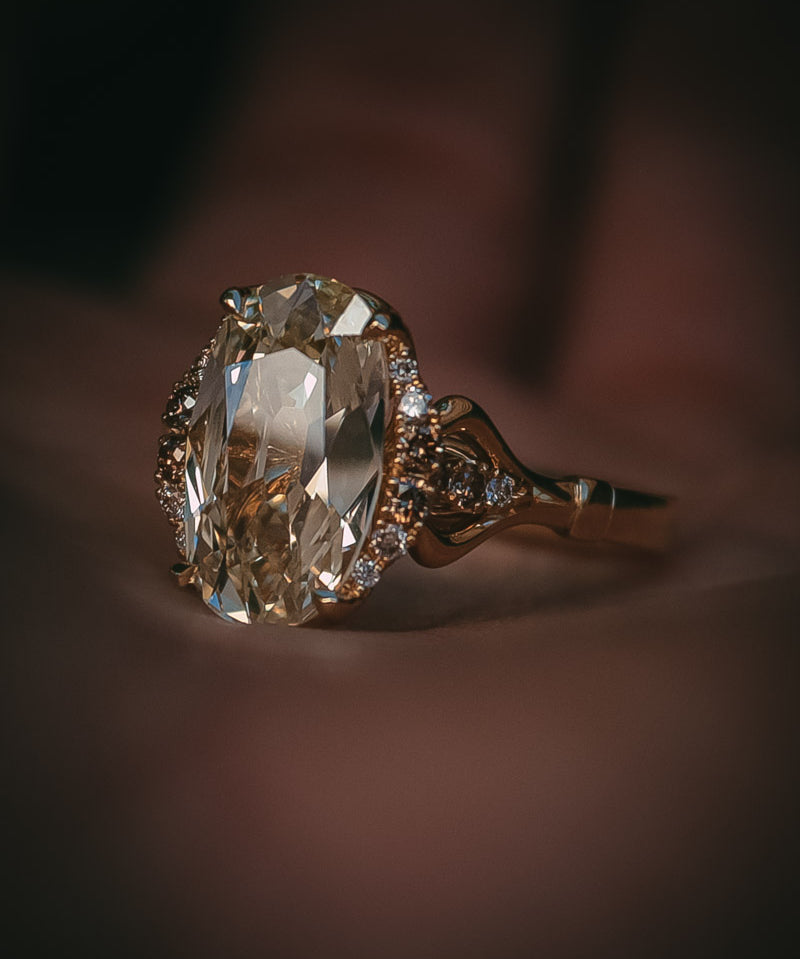 Scottish Fine jewellery by Moira Patience The Etive Ring featuring an oval old cut warm white diamond.