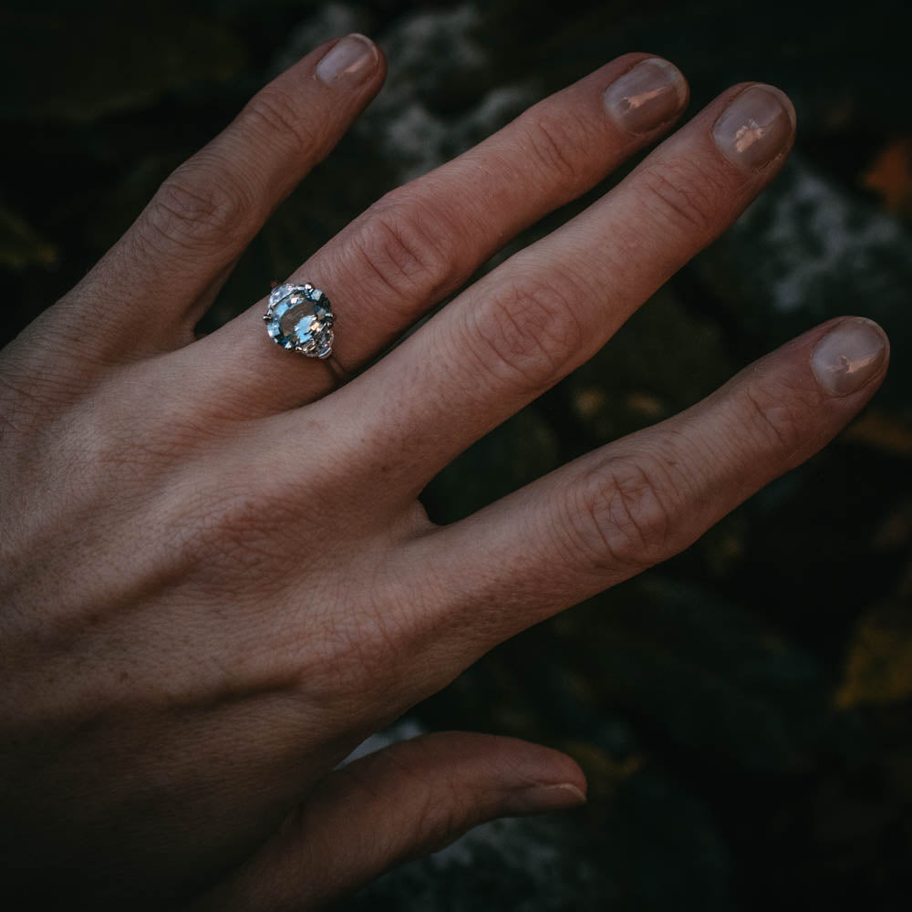 Moira Patience Fine Jewellery Ghlas Oval Pale Blue Sapphire and Diamond Engagement Ring in Edinburgh