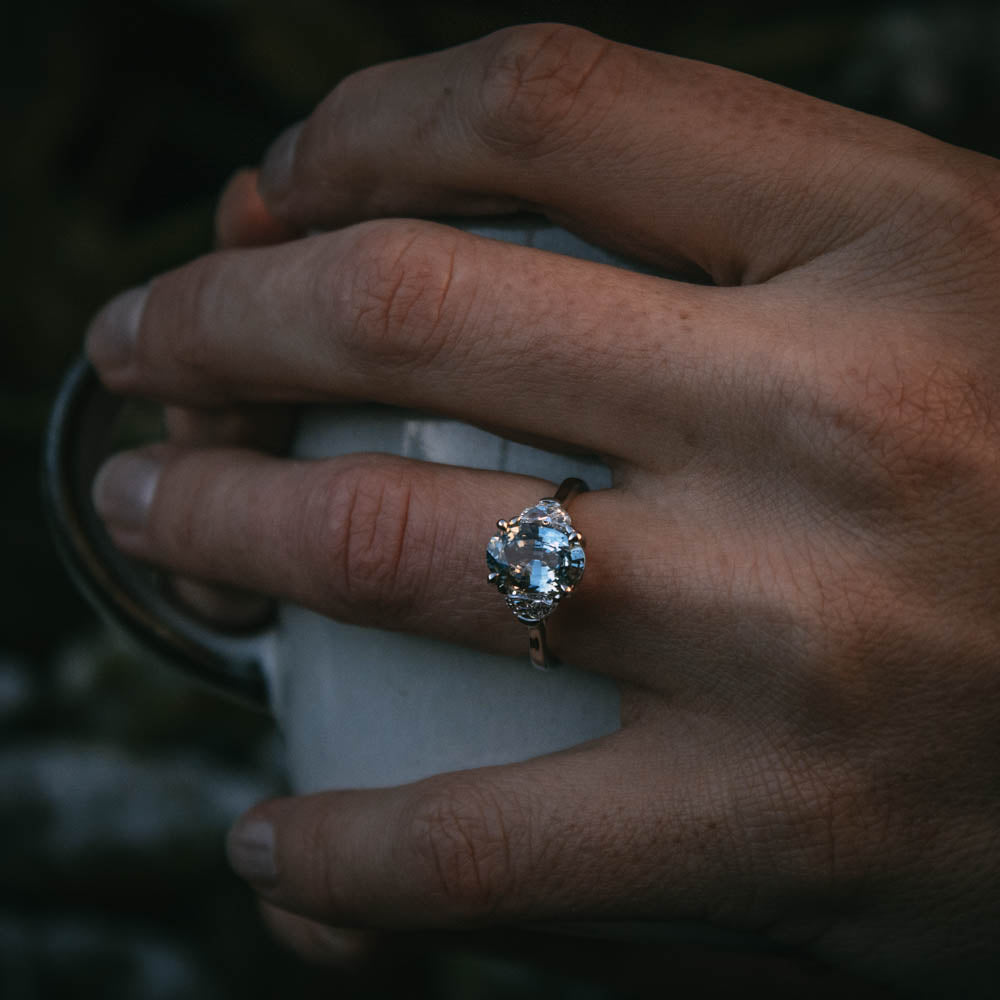 Moira Patience Fine Jewellery Ghlas Oval Pale Blue Sapphire and Diamond Engagement Ring in Edinburgh
