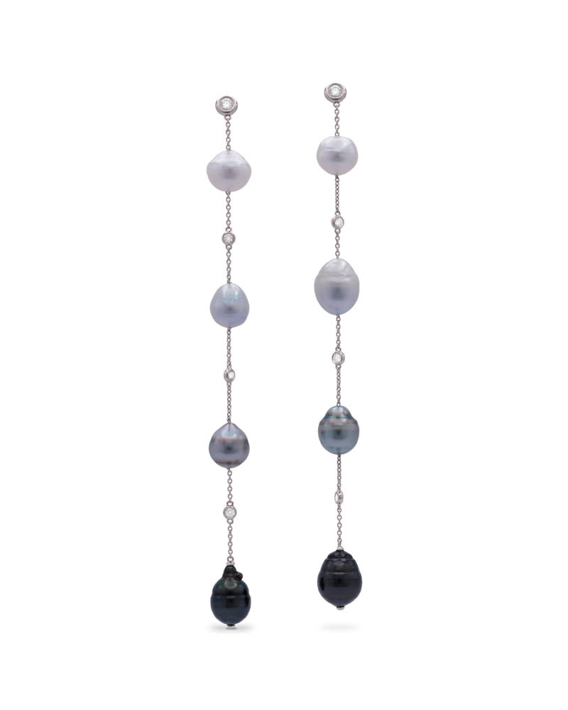 Mara graduating long drop Tahitian pearl earrings
