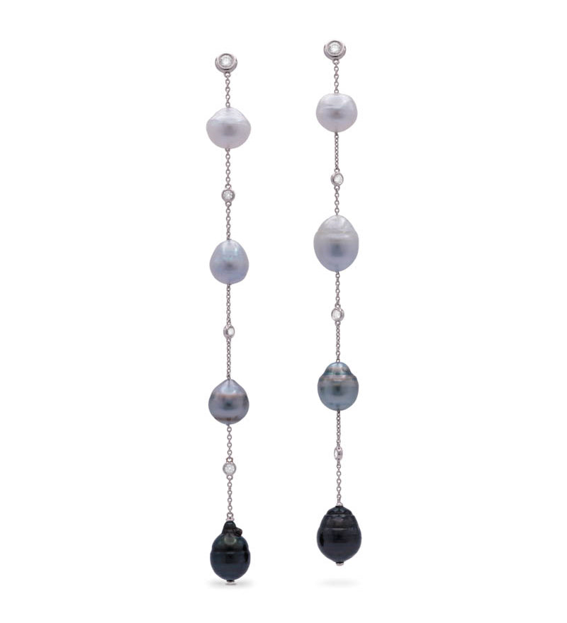 Mara graduating long drop Tahitian pearl earrings