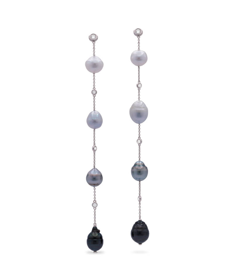 Mara graduating long drop Tahitian pearl earrings
