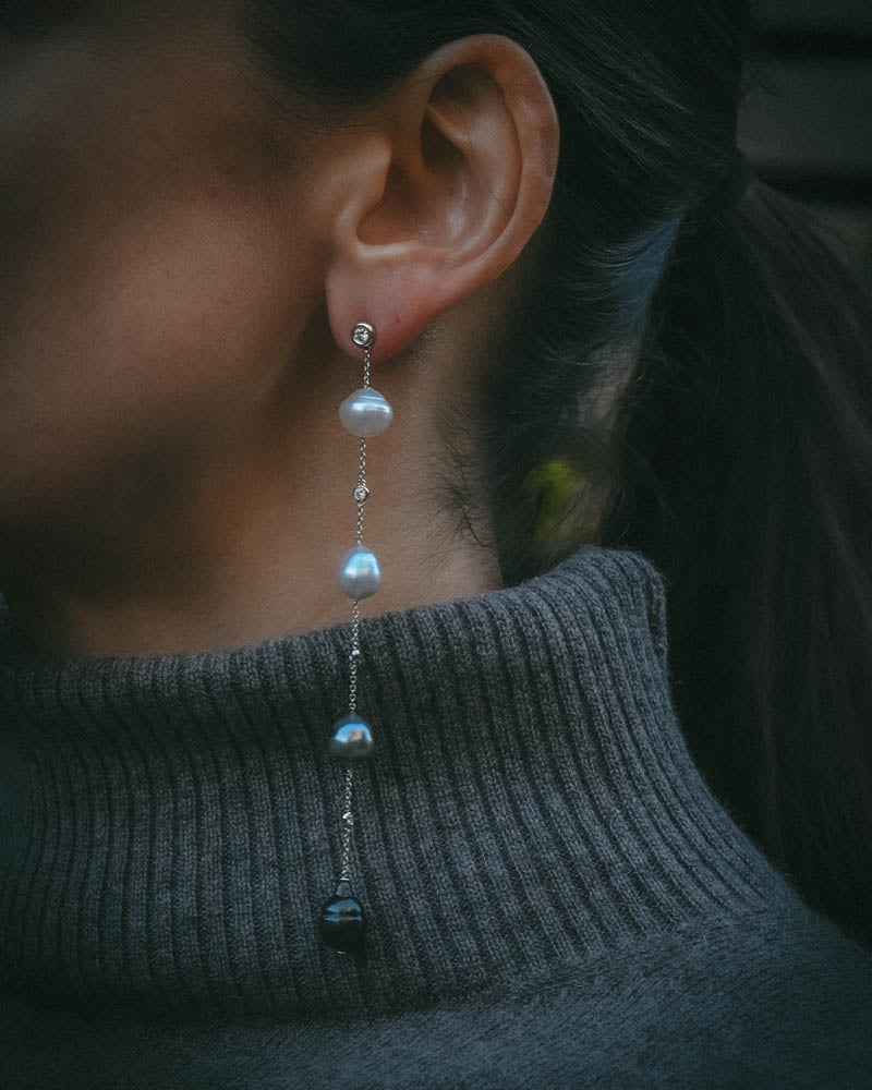 Mara graduating long drop Tahitian pearl earrings