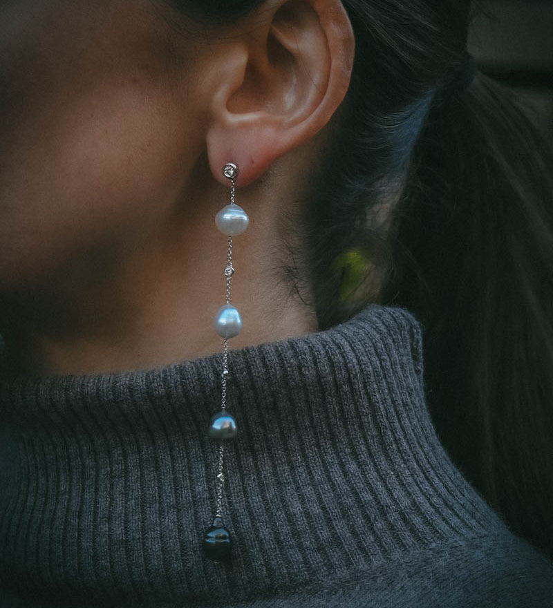Mara graduating long drop Tahitian pearl earrings