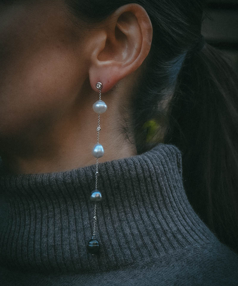 Mara graduating long drop Tahitian pearl earrings