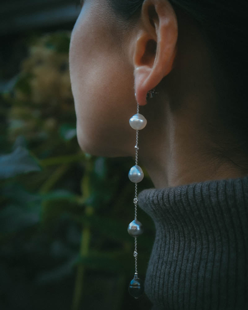 Mara graduating long drop Tahitian pearl earrings