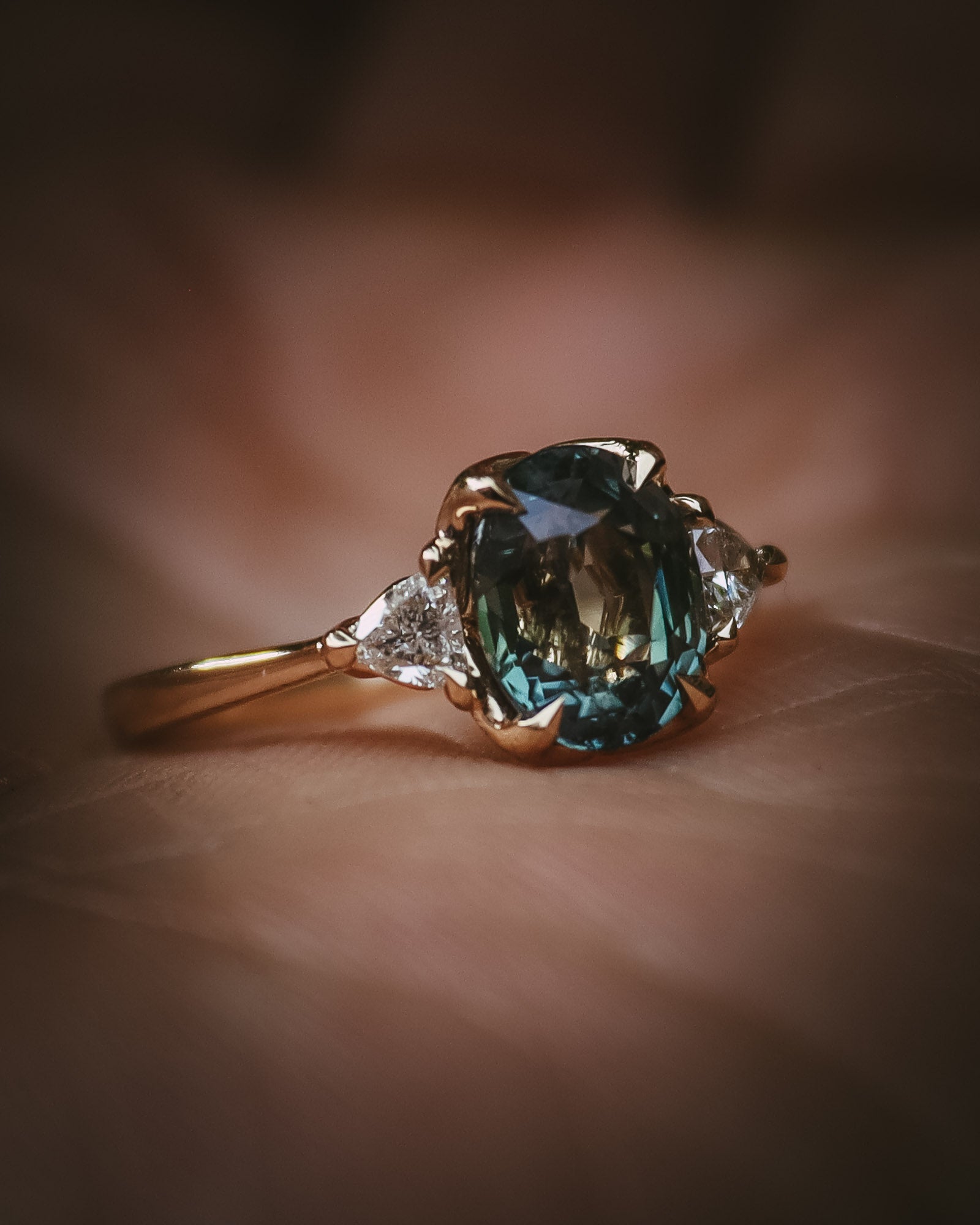 Natural unheated teal sapphire engagement ring gemstone detail