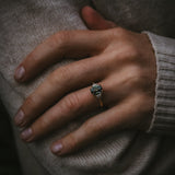 Natural unheated teal sapphire engagement ring proportion on hand