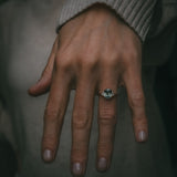 Moira Patience Fine Jewellery teal sapphire engagement ring on hand
