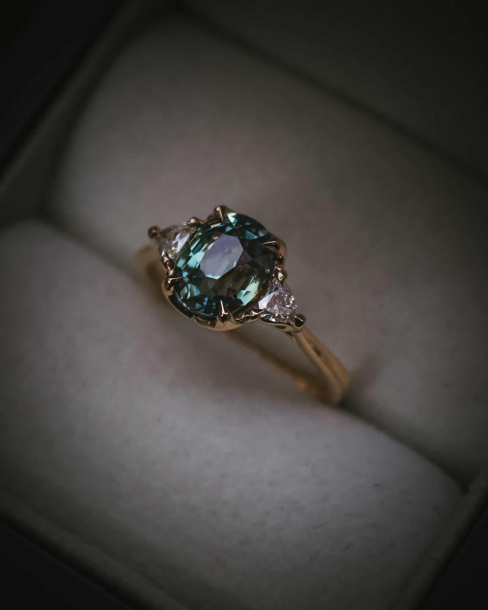 Natural unheated teal sapphire engagement ring in box