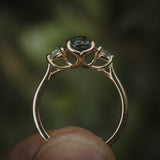 Natural unheated teal sapphire engagement ring profile petal setting detail