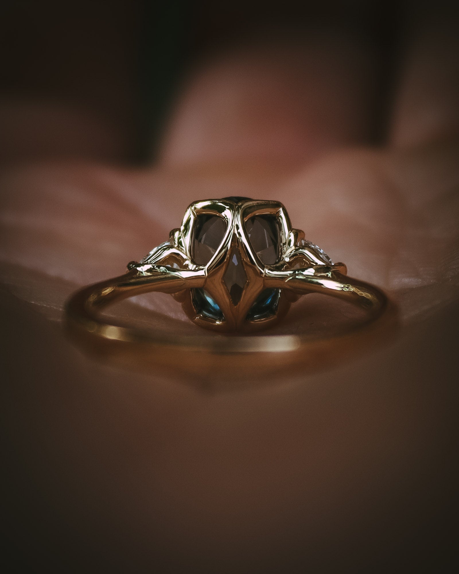 Natural unheated teal sapphire engagement ring underside details