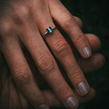 Sròn octagon step-cut teal sapphire ring on hand