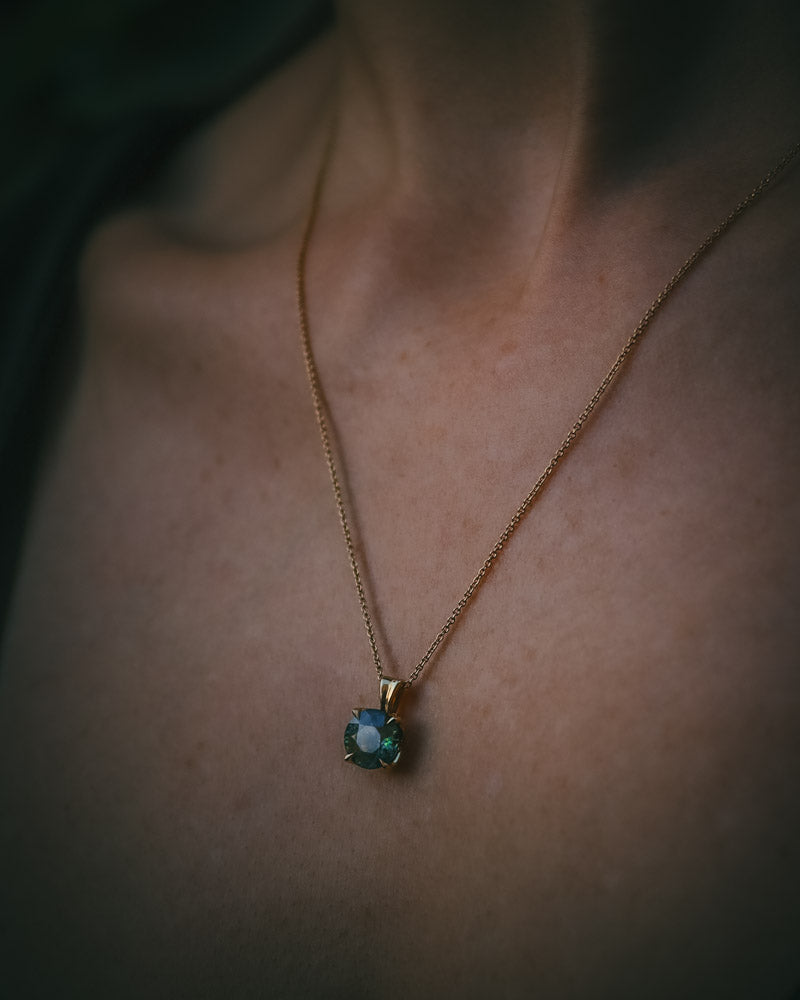 Moira Patience natural sapphire petal style pendant on gold chain