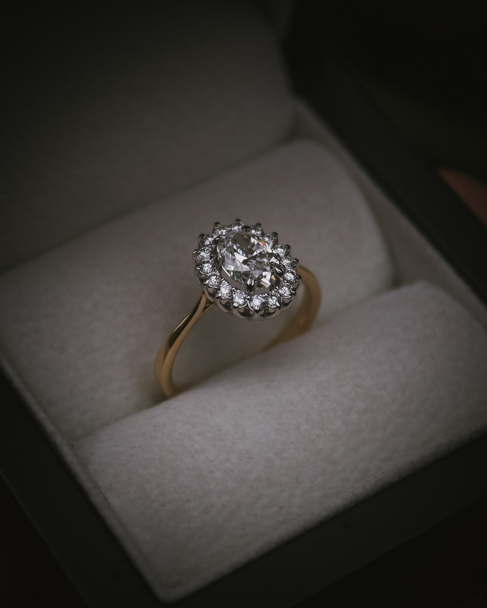 Flùr oval diamond cluster ring in 18ct yellow gold and platinum; front view in box
