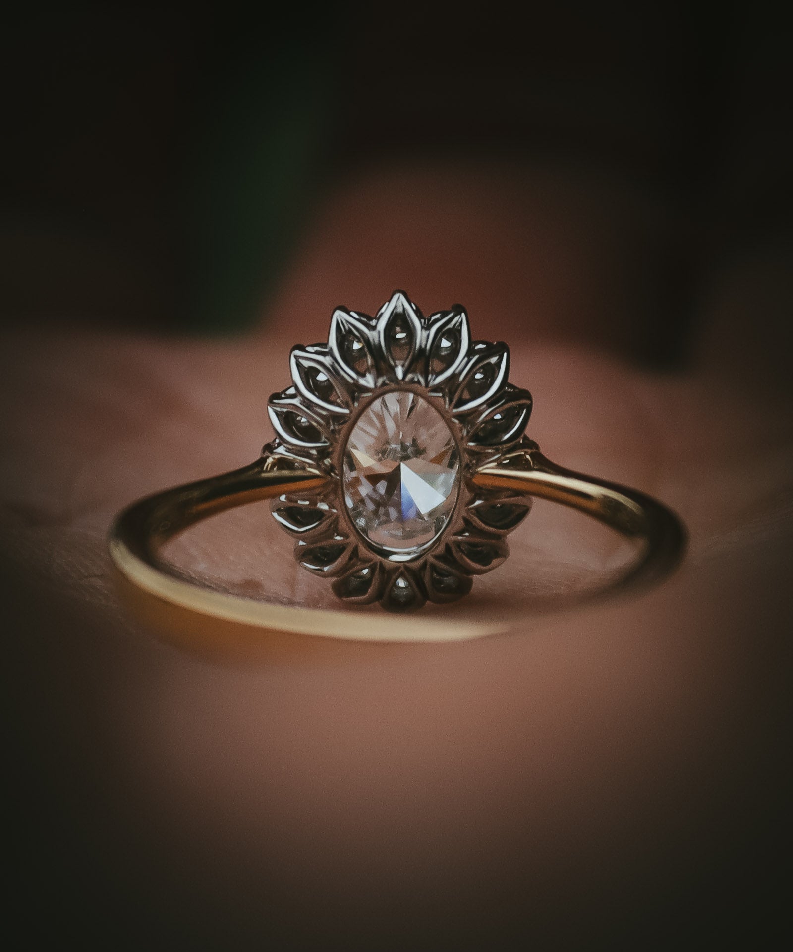 Flùr oval diamond cluster ring Signature petal detail underneath